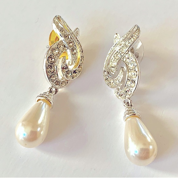 Rhinestone & Faux Pearl Dangle Silver Toned Earrings - Prom, Wedding, Party - Picture 2 of 6